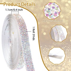 Hiswan Rhinestone Ribbon, Self Adhesive Rhinestone Bedazzling Strips 0.4inch Glitter Crystal Diamonds Tape Sparkling Rhinestones Trim for Belt Shoes Clothing Crafts Car Phone (3Yards, Silver AB Color)