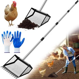 Lanties 10 Inch Large Metal Chicken Poop Scooper, 4 in 1 Chicken Poop Scooper and Rake,Stainless Steel Handle(20 to 60 Inches) Durable Sand Sifting Litter Shovel for Small Farm Animals Coops