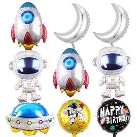 Outer Space Cartoon Foil Balloons, 9 Pcs Large Size Astronaut UFO Rocket Moon Foil Balloons for Universe Space Theme Birthday Party Decorations