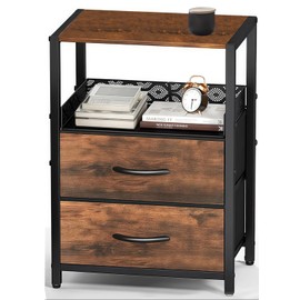 End Table with Fabric Drawer, Small Wooden Side Table, 4-Tier Nightstand with Mesh Shelf, Sofa Bedside Table for Small Spaces Dresser in Living Room, Bedroom, Open Shelf, Stable Frame, Easy Assembly