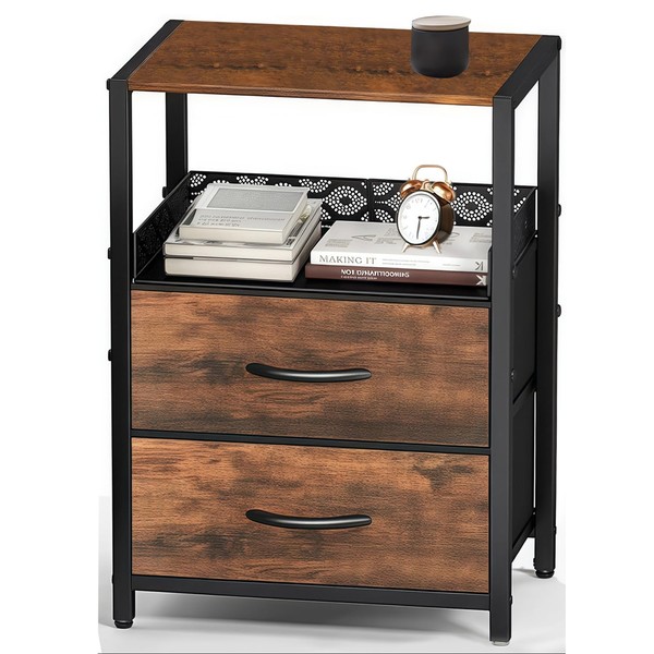 End Table with Fabric Drawer, Small Wooden Side Table, 4-Tier