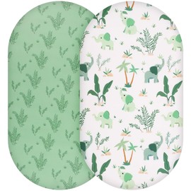 Yukkidds Moses Basket Sheets 2 Pack Pram Sheets Fitted Most Bassinet Pads Super Soft & Breathable Microfiber Compatible with SnuzPod 4 Mattress Soft and Breathable Green Elephant