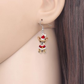 OUSIO Christmas Day Acrylic Adorable Chihuahua Earrings Santa Costume Puppy Pets Animals Dangle Jewellry For Women Dog Lovers Charms Birthday Holiday Carnival Party Gifts (Brown)