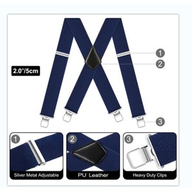 Suspenders for Men Heavy Duty 2 Inch Wide Mens Suspenders for Jeans with 4 Strong Clips, Elastic Adjustable Braces Navy Work Suspender for Men Big and Tall X Back