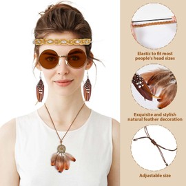 Cindeer Pack of 5 Indian Hippie Costume Set Including Boho Hippie Headband Bracelet Retro Round Sunglasses Feather Earrings Feather Pendant Necklace Vintage Tribal Theme Party Carnival for Women,