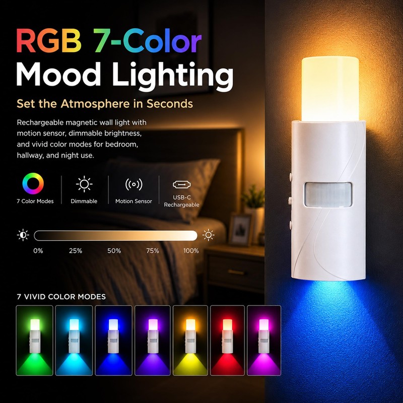 Cordless Magnetic Wall Sconce, Rechargeable RGB Motion Sensor Light