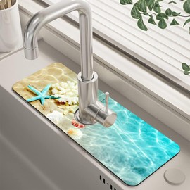 Beach Dish Drying Mat for Kitchen Sink Starfish Coral and Seashell Splash Guard Behind Faucet Sink Mat Absorbent Fast Drying Faucet Draining Mat for Bathroom Kitchen 5.5"×15"