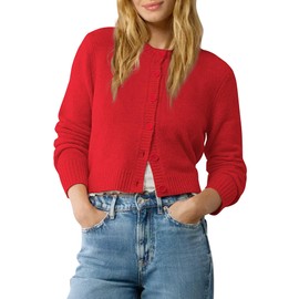 Urban CoCo Women's Crew Neck Cropped Cardigan Sweaters Long Sleeve Open Front Button Down Shrug Sweater Jackets, Red, Medium