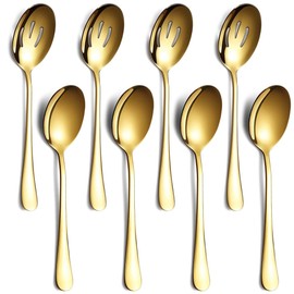 Gold Serving Spoons 8 Pieces, ReaNea Stainless Steel Serving Utensils Set inclunde 4 Serving Spoon 4 Serving Slotted Spoons, Dishwasher Safe