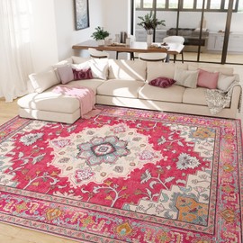 CAPALOCA Machine Washable 8x10 Area Rugs for Living Room Vintage Rugs Carpet Rugs Non Slip Low Pile Water Repellent Soft Print Pattern for Bedroom Indoor Decor Polyester Rug Brightpink