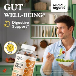 Wild & Organic Inulin Fiber Gummies 4000mg - Digestive Support w/Chicory Root - Soluble Fiber Supplement w/Inulin Powder - Prebiotics for Gut Support - 60 Prebiotic Gummies