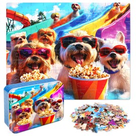 LELEMON Funny Puppy Puzzles for Kids Ages 4-8,100 Pieces Fun at The Amusement Park Dog Jigsaw Puzzles in a Metal Box,Fun Animal Pet Learning Educational Toys for Boys Girls