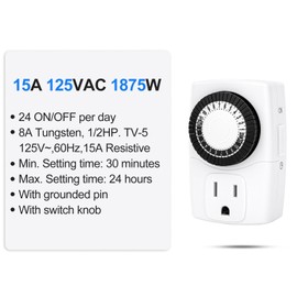 Baomain 2-Pack Indoor Mini 24-Hour Mechanical Outlet Timer, 15A 125VAC ON/Off Single Outlet,3-Prong Plug Timer BND-60/U47,ETL Listed