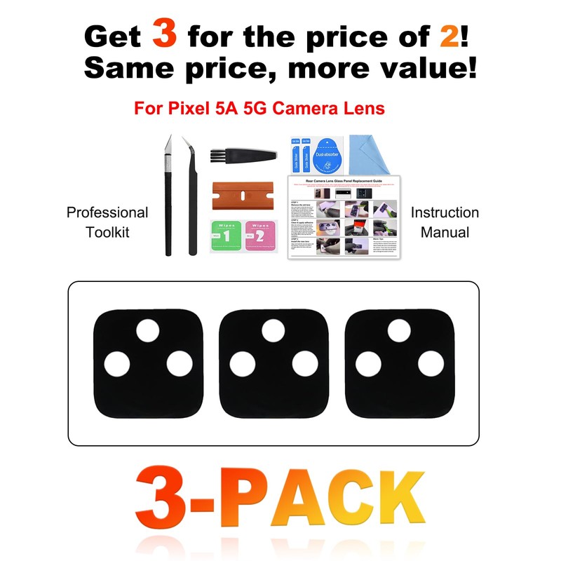 3 Pack for Pixel 5a Back Rear Camera Lens Glass