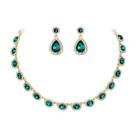 BriLove Wedding Jewellery Set for Women Bride Necklace Crystal Bridal Jewelry Statement Choker Teardrop Dangle Earrings Bridesmaid Gift Party Prom Emerald Color Gold-Tone