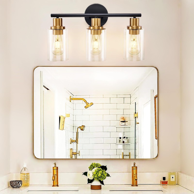 DLLT 3-Light Bathroom Light Fixtures: Black and Gold Modern Vanity