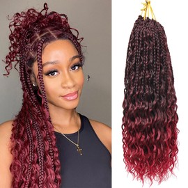 7 Packs Burgundy Crochet Box Braids Curly Ends 14 Inch Goddess Box Braids Crochet Hair 3X Bohemian Hippie Crochet Braids for Woman Red Braiding Hair, 1B/Bug