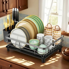 MOUKABAL Dish Drying Rack, Dish Rack, Large Dish Racks for Kitchen Counter, Drying Rack Kitchen with Removable Utensil Holder, Drainboard (Grey/Gray)