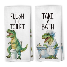 Zeuiwr Dinosaur Kids Hand Towels Set of 2, Funny Dino Flush The Toilet Take a Bath Decorative Hand Towel for Bathroom, Dinosaur Gifts for Boys Kids, Boys Toddler Bathroom Decor, 003-BH-MJ02-2