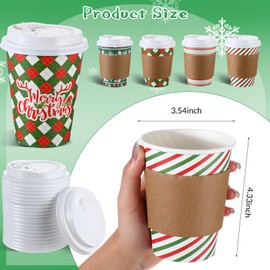 Cunhill 100 Sets 12 Oz Christmas Disposable Coffee Cups with Lids and Sleeves Christmas Paper Cups for Holiday Party Drinks Cold Beverage Hot Cocoa Chocolate Drinking (Cute Style)