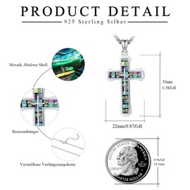 TRISHULA Cross Necklace for Men 925 Sterling Silver Cross Pendant Cross Chain Mosaic Abalone / Blue Opal / Green Malachite Cross Jewellery Religious Jewellery Gift for Talisman Amulet, Sterling