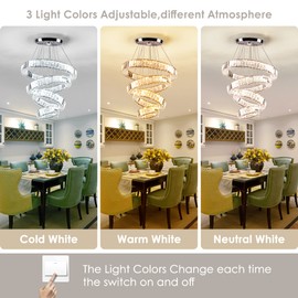 YPQXYHDA Modern Crystal Chandeliers 4 Ring LED Crystal Pendant Light DIY Adjustable High Chandelier for Dining Room Living Room Bedroom (3 Color Changeable)