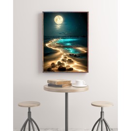 Moonlight Beach Diamond Painting Kits for Adults, 5D Seaside Moon Diamond Art Kits for Beginners, DIY Full Drill Paint with Diamond, Home Wall Decor 12 x 16 Inch