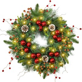 Beinhome Pre-Lit Christmas Wreath with Timer Lights, 24in Christmas Wreaths Winter Wreath for Front Door Decor, Wreaths with Berries Red Ball Ornaments Acorn for Christmas Door Decoration