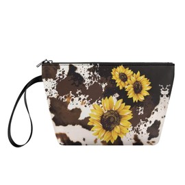 Viewamoon Western Cow And Sunflower Makeup Bag for Women Boho Floral Hanging Travel Toiletry Bag Leather Waterproof Portable Cosmetic Makeup Brush Holder Lipstick Purse Birthday Valentine Day Decor