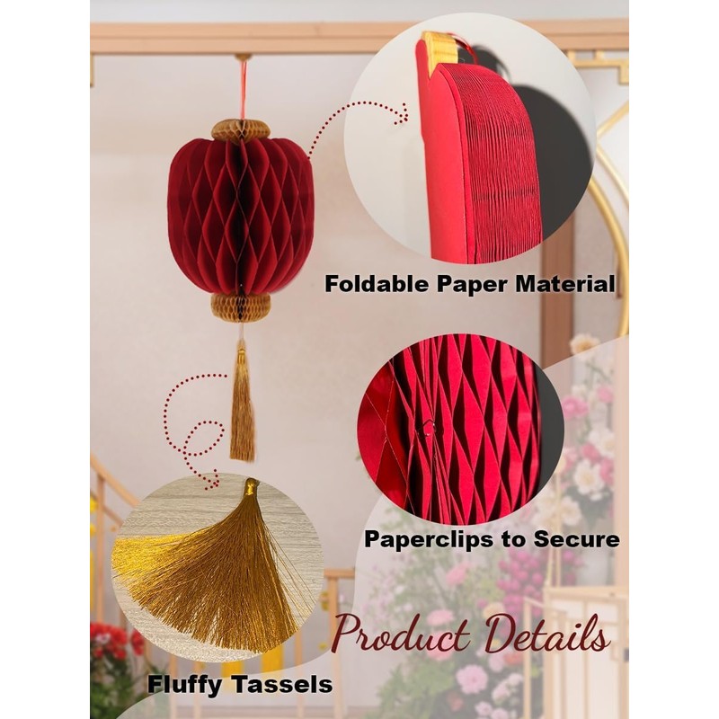 4 Piece Traditional Chinese Red Paper Honeycomb Lanterns with Gold
