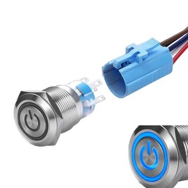 WerFamily Power Symbol 12V Blue LED 19mm Latching Push Button Switch 1NO 1NC SPDT ON/OFF Waterproof Stainless Steel Metal Round with Wire Socket Plug
