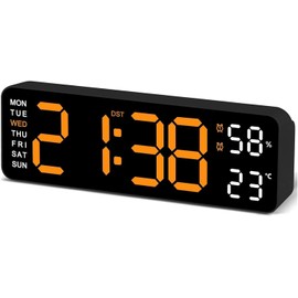 Yakiter Digital Alarm Clock, 9" LED Alarm Clock for Bedroom, Bedside Desk Table Clock with Temperature/DST/Humidity/Snooze-12/24H, for Deep Sleepers Kids Elderly Home Office (Orange)