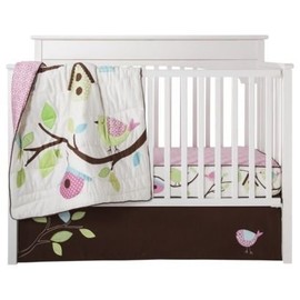 Sweet Birdhouse Bird Trees Pink Green Chocolate Brown 3-piece Baby Crib Bedding Set