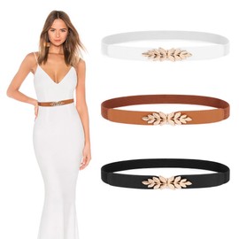 Moorle Belt for Dresses, Waist Belt, Women's Elastic Thin Belt, Leather Belt with Golden Buckle for Jeans Dress, Black Brown Beige-2