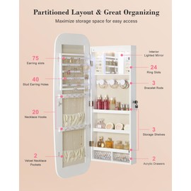 Nicetree Jewelry Cabinet Armoire with Mirror, Wide Jewelry Organizer, LED Lighting, Lockable, Wall/Door Mounted， Pearl White