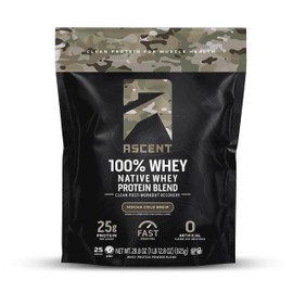 Ascent 100% Whey Protein Powder - Post Workout Whey Protein Isolate, Zero Artificial Flavors & Sweeteners, Gluten Free, 5.5g BCAA, 2.6g Leucine, Military Exclusive, Mocha Cold Brew 1.7 lb