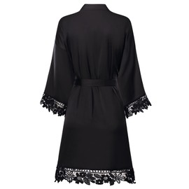 Women's Plus Size Black Satin Robes Lace Trim Silk Kimono Robes Bridesmaids Robes Silky Wedding Robes, Black
