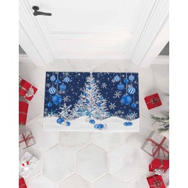 Christmas Door Mat Blue Xmas Tree Balls Welcome Mat Entrance Door Mat Snowflake Christmas Indoor Doormat Front Door Mat Winter Holiday Low Profile Floor Mat (20" x 31.5")