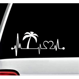 Palm Tree Heartbeat Lifeline Vacation Decal Sticker Surf Sand Sun Beach Ocean and Stick Decals - Made in USA