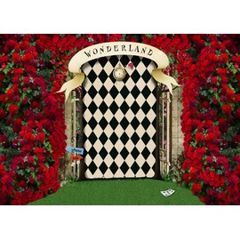 Withu Wonderland Backdrop Fairy Tale Green Grass Red Rose Flowers Checkerboard Enchanted Door Wall Decorations Banner Baby Shower Birthday Tea Party Photography Background 7x5ft