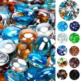 onlyfire 10 Pounds Fire Glass Beads for Propane Fire Pit and Gas Fireplace, 1/2 Inch Round Blended Firepit Glass Rocks Flat Marbles for Fire Pit Table, Caribbean Blue, Crystal Ice and Caramel Luster