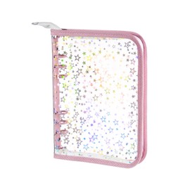 NEWEST A5 Budget Binder Cover with Zipper for Cash Budget System, Glitter Stars A5 6 Ring Binder Planner, Clear PVC Refillable Notebook Shell for Journal Albums Diary School Office Supplies, Pink