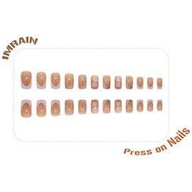 IMRAIN Flower Press on Nails Square Short Fake Nails with Orange Pink Floral Design Glue on Nails Glossy Nude False Nails Spring Stick on Nails Acrylic Artificial French Nails for Women Girls