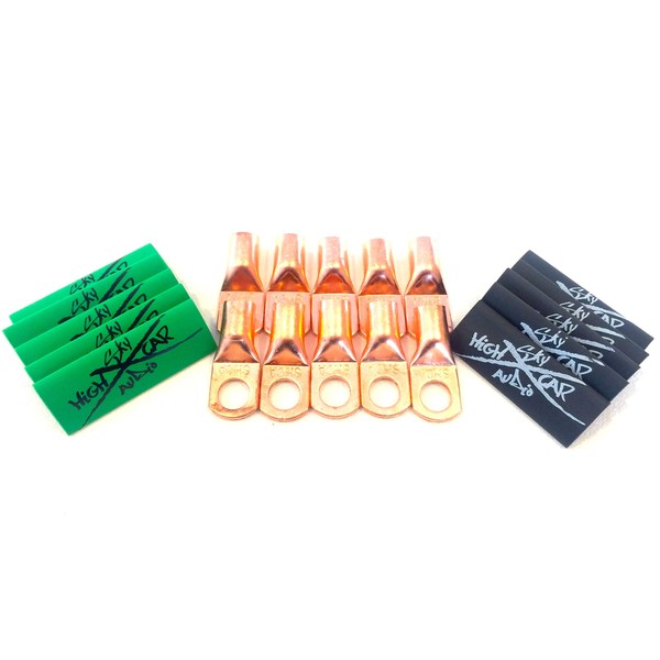 (10) 4 Gauge Copper Ring Terminals 3/8" Green/Black Heat Shrink