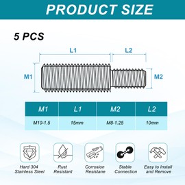 PATIKIL M8x10 to M10x15 Double End Threaded Stud Screw Bolt, 5 Pack Slotted Head 304 Stainless Steel Rod Bolts Thread Reducer Adapter for Furniture Fastener, 25mm Long