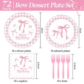 HiEnjoin 72PCS Pink Bow Party Plates and Napkins, Disposable Bow Birthday Plates with Forks Party Supplies for Girl Bachelorette Bridal Engagement Birthday
