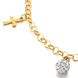 COOLSTEELANDBEYOND Gold Stainless Steel Women's Anklet with Charms Cross, Cubic Zirconia and Heart, Stainless Steel, Cubic Zirconia