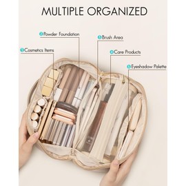 Vlando Large Capacity Travel Cosmetic Bag - Makeup Bag, PU Leather Waterproof Cosmetic Bag, Milk Curry