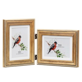 ibalux 5x7 Double Vertical and Horizontal Hinged Picture Frame, Gold Brushing Bead Trim, Vintage Nature Pine Wood Grain with Real Glass, Matted to 4x6, Table Desktop Display Photo Frame