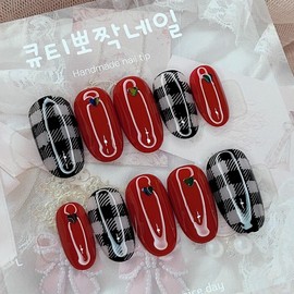 Red Check Handmade Nail Tips - Oval S / 레드 체크 수제네일팁 - 오벌S